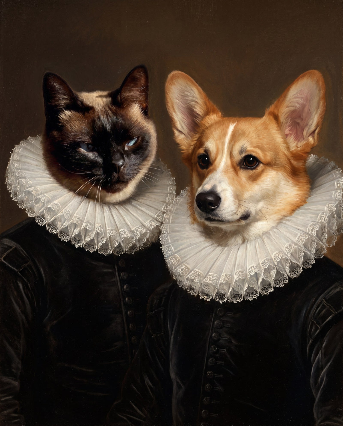 Renaissance-style portrait of a Siamese cat and a corgi in black doublets and white lace ruffs (AI-generated sample)
