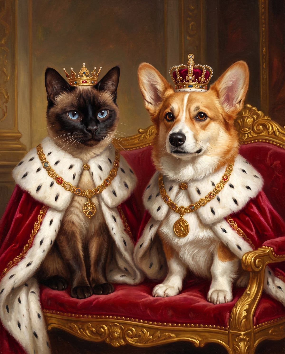 Royal-style portrait of a corgi and a Siamese cat in crowns and ermine capes on a gold throne (AI-generated sample)