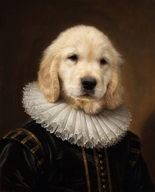 Renaissance-style portrait of a golden retriever puppy in a velvet doublet and white lace ruff (AI-generated sample)