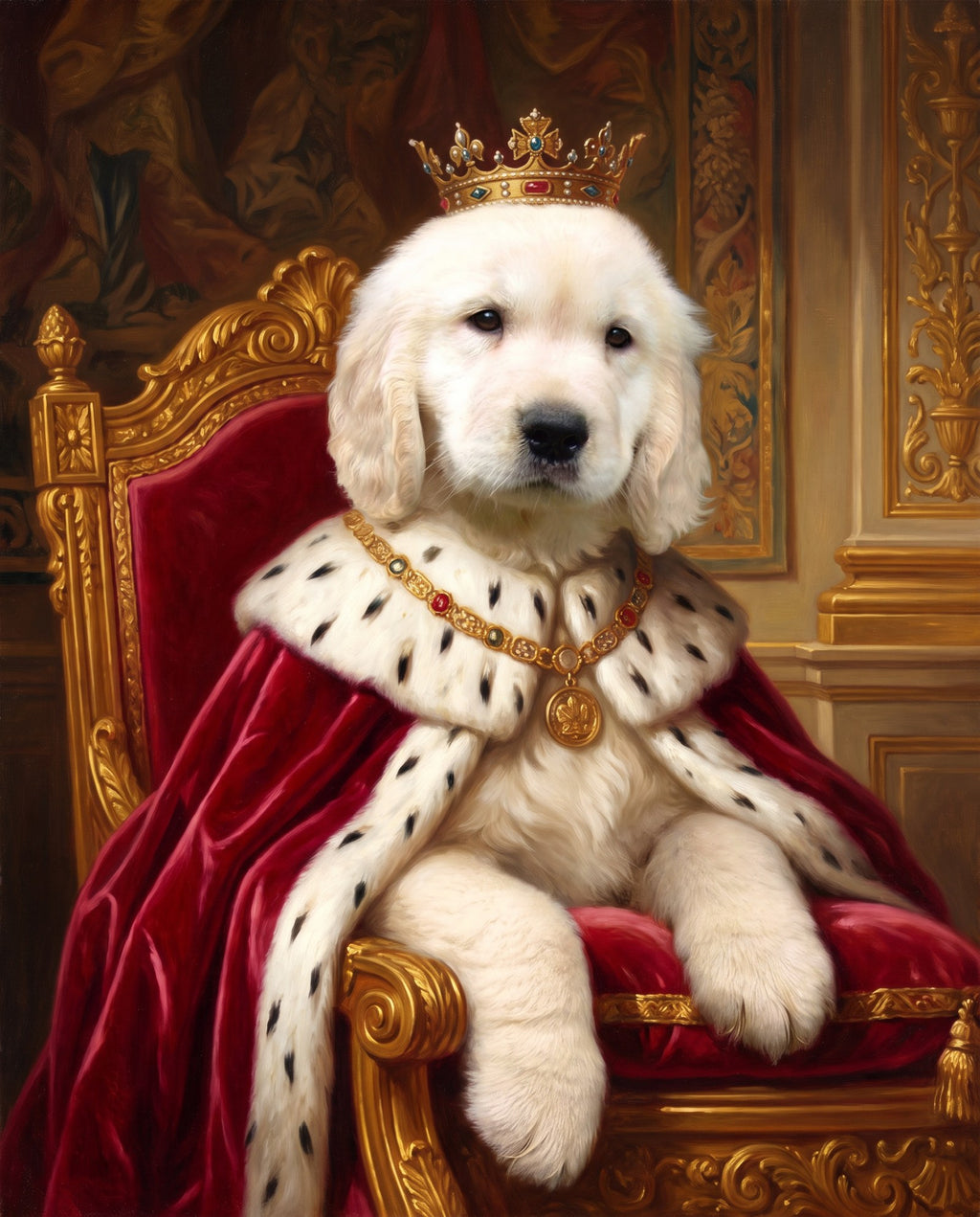 Royal-style portrait of a golden retriever puppy with a gold crown and crimson ermine cape on a throne (AI-generated sample)