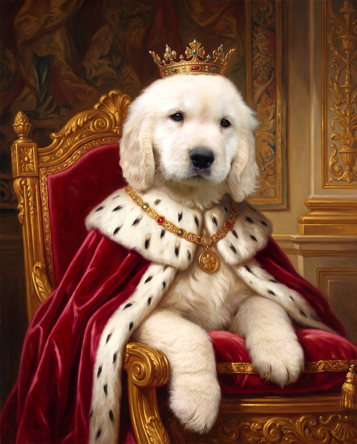Royal-style portrait of a golden retriever puppy with a gold crown and crimson ermine cape on a throne (AI-generated sample)
