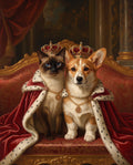Royal-style portrait of a corgi and a Siamese cat together, both crowned (AI-generated sample)