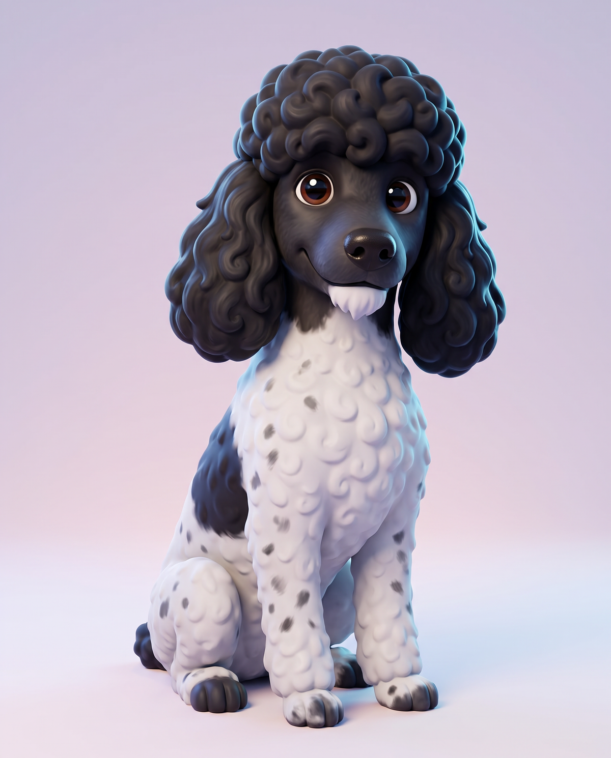Velvet Ruff 3D Cartoon style custom pet portrait of a black and white standard poodle.