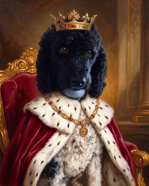 Velvet Ruff Royal style custom pet portrait of a black and white standard poodle.