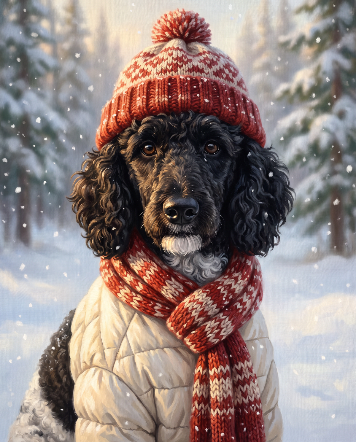 Parti poodle Winter Cozy pet portrait in a red knit beanie and scarf